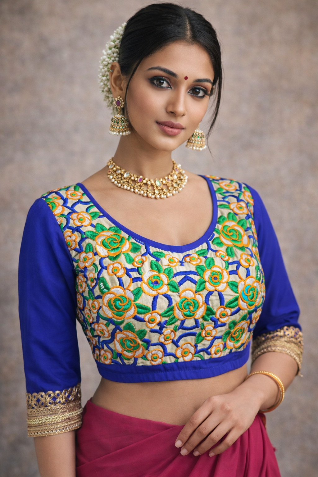 floral multi colour quarter sleeve saree blouse