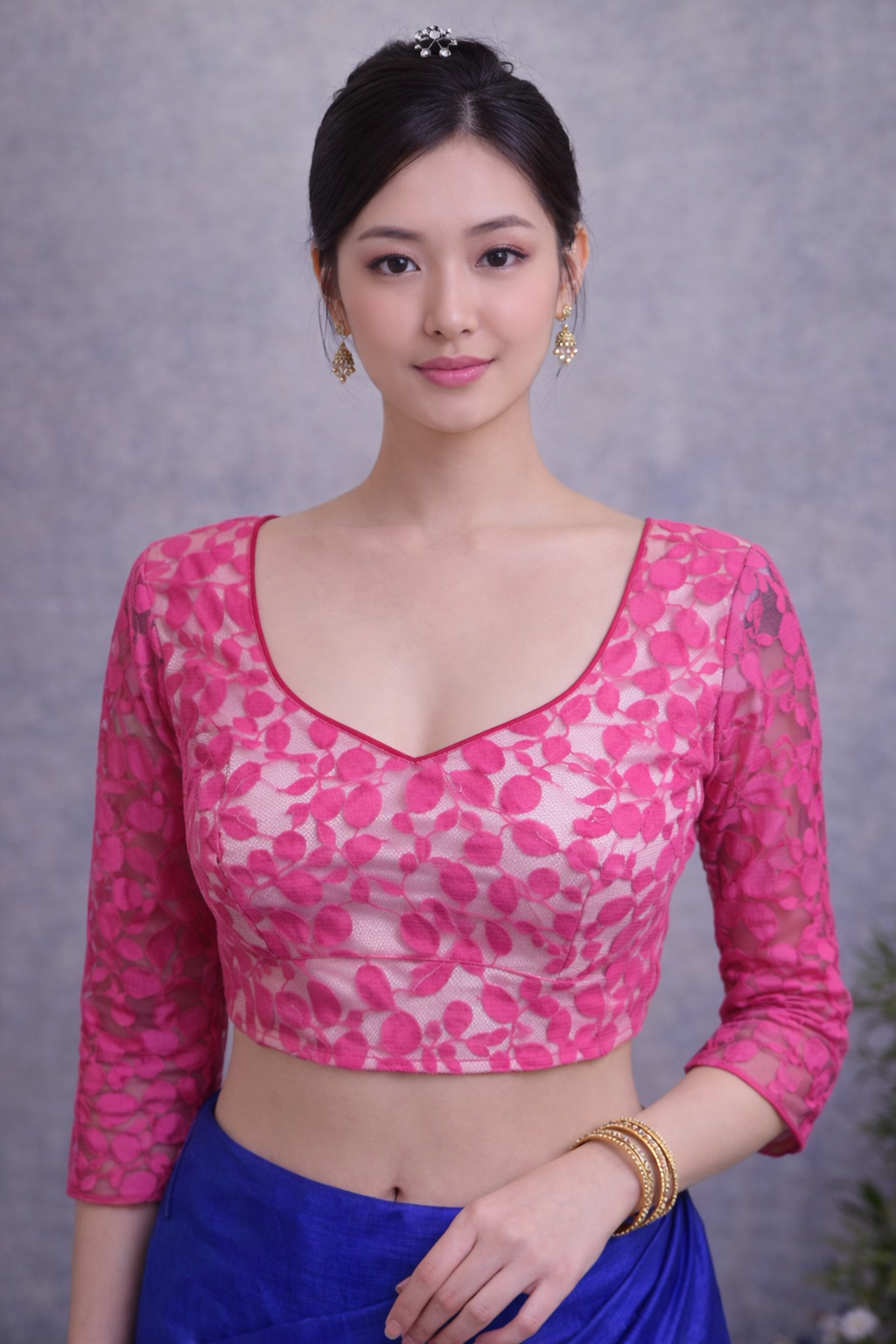 long sleeve pink leaf pattern saree blouse