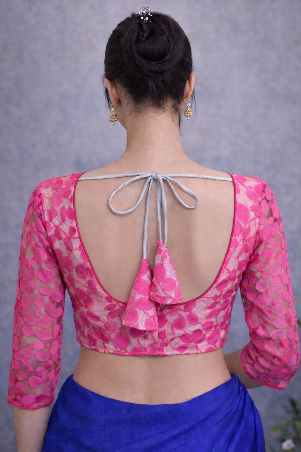 long sleeve pink leaf pattern saree blouse