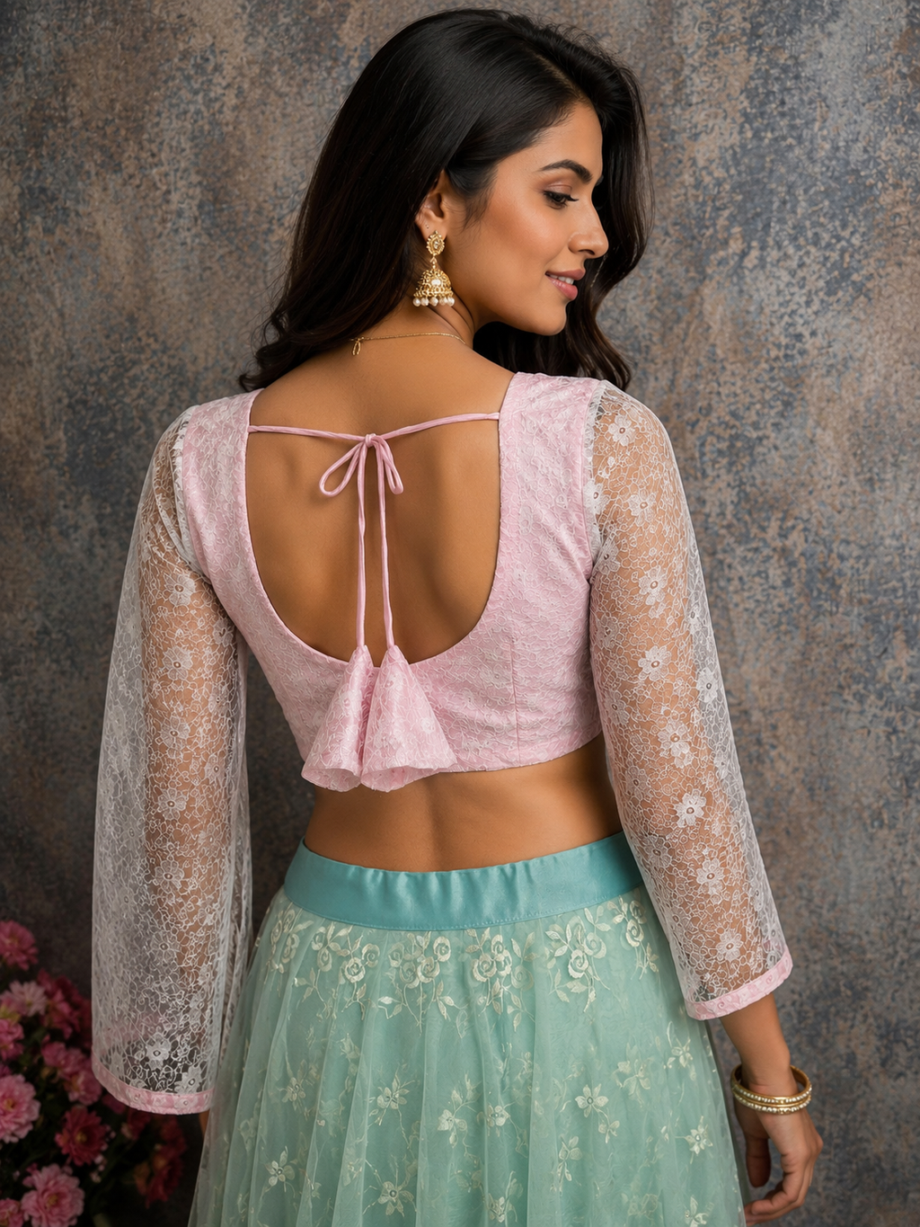 3/4 sleeve light pink lace saree blouse