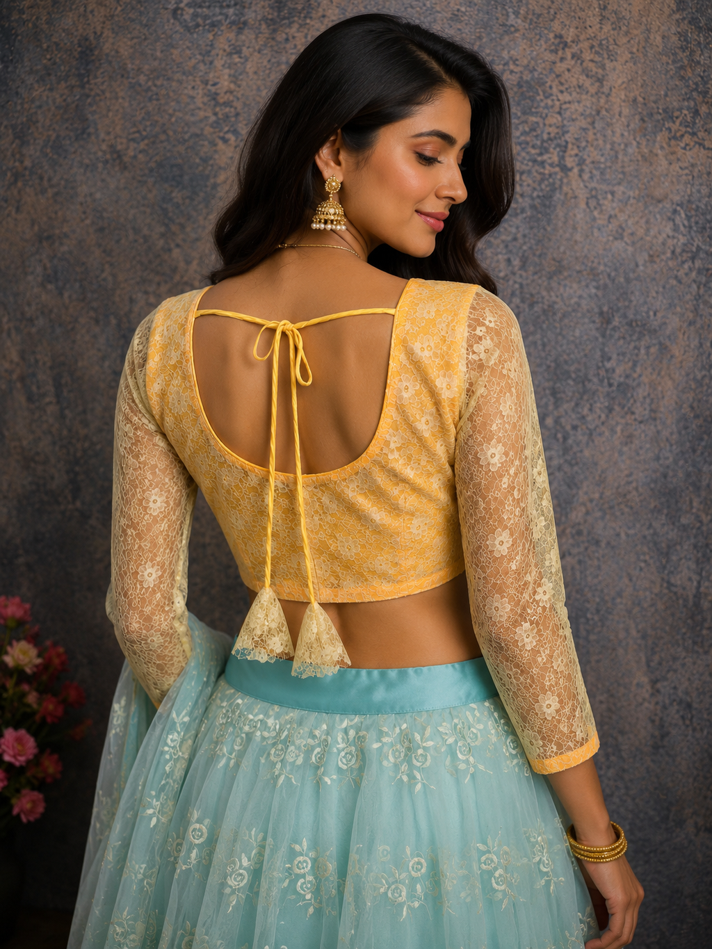 3/4 sleeve yellow lace saree blouse
